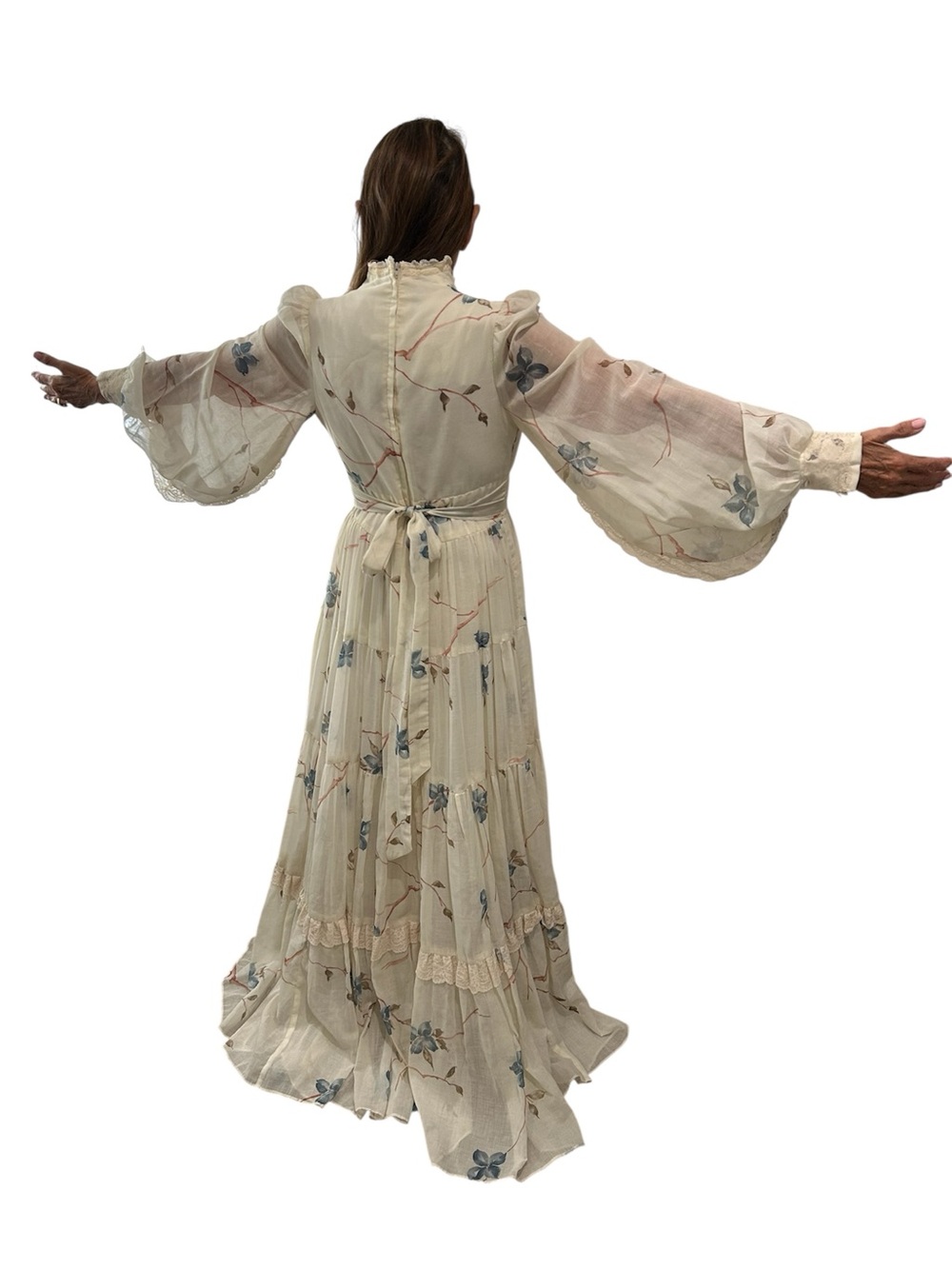 70’s Gunne Sax floral Dogwood print maxi bishop sleeve cream Sz Xs-Small - Picture 4 of 16